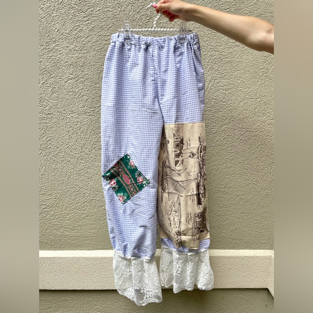 Coastal sailboat patchwork gingham pantaloon style pants w/ lace hem